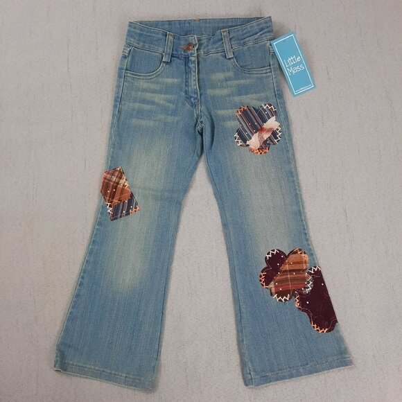 Little Mass Girls Outfit 4 White Graphic Top & Blue Patchwork Flare Jeans Y2K - Picture 5 of 16